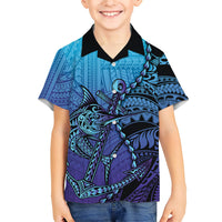 Personalised Polynesia Blue Marlin Fishing Family Matching Off Shoulder Maxi Dress and Hawaiian Shirt Marlin Anchor Tattoo Polynesian Pattern LT14 Son's Shirt Purple - Polynesian Pride