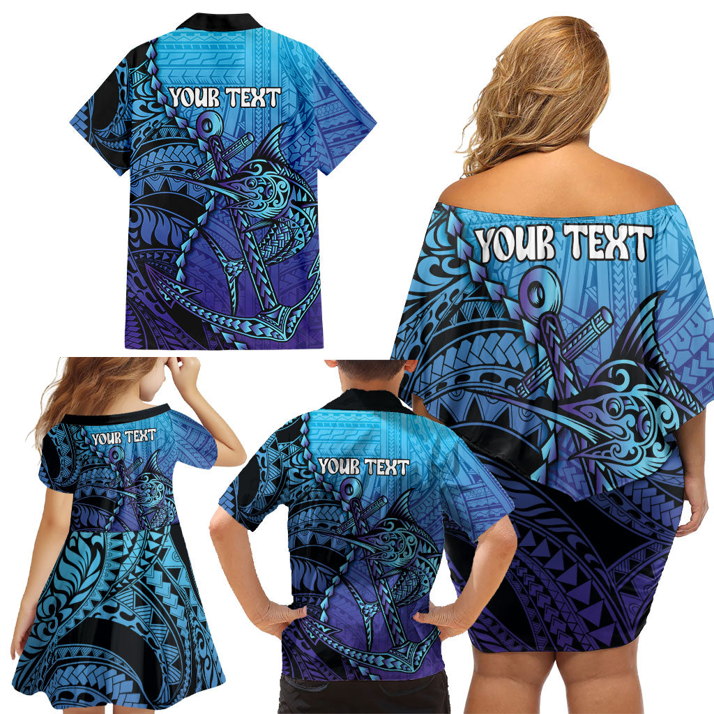 Personalised Polynesia Blue Marlin Fishing Family Matching Off Shoulder Short Dress and Hawaiian Shirt Marlin Anchor Tattoo Polynesian Pattern LT14 - Polynesian Pride