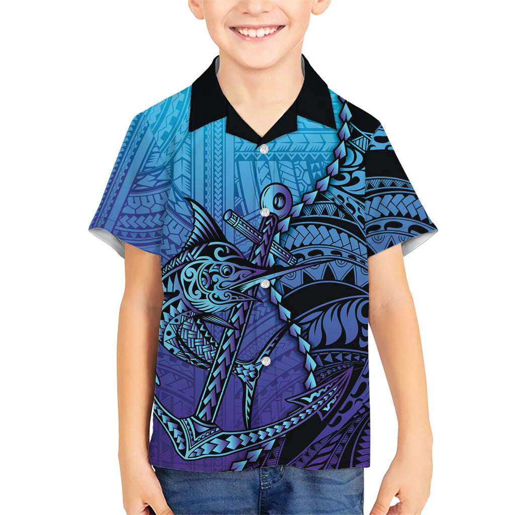 Personalised Polynesia Blue Marlin Fishing Family Matching Off Shoulder Short Dress and Hawaiian Shirt Marlin Anchor Tattoo Polynesian Pattern LT14 Son's Shirt Purple - Polynesian Pride