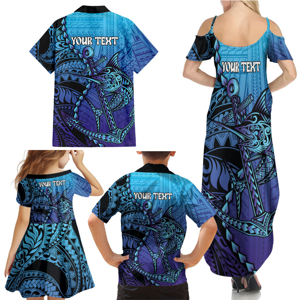 Personalised Polynesia Blue Marlin Fishing Family Matching Summer Maxi Dress and Hawaiian Shirt Marlin Anchor Tattoo Polynesian Pattern LT14 - Polynesian Pride