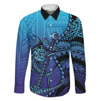 Personalised Polynesia Blue Marlin Fishing Family Matching Summer Maxi Dress and Hawaiian Shirt Marlin Anchor Tattoo Polynesian Pattern LT14 Dad's Shirt - Long Sleeve Purple - Polynesian Pride