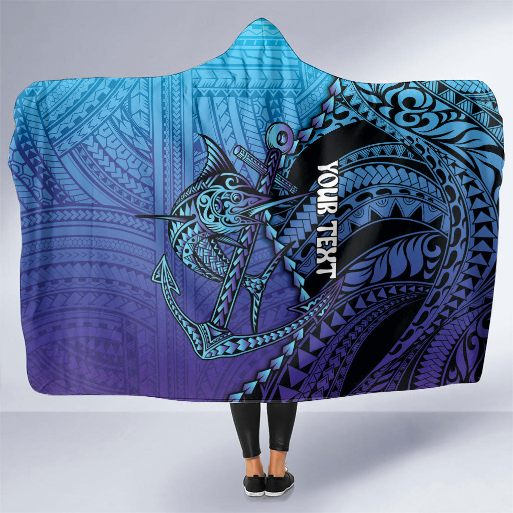 Personalised Polynesia Blue Marlin Fishing Hooded Blanket Marlin Anchor Tattoo Polynesian Pattern