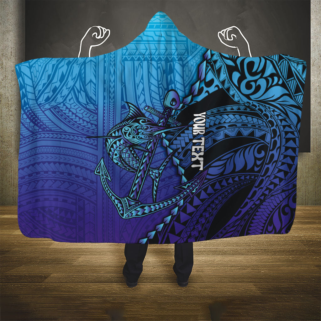 Personalised Polynesia Blue Marlin Fishing Hooded Blanket Marlin Anchor Tattoo Polynesian Pattern