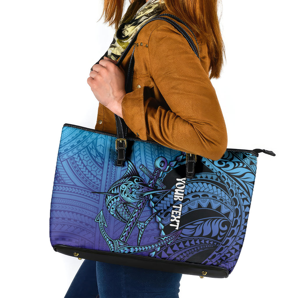 Personalised Polynesia Blue Marlin Fishing Leather Tote Bag Marlin Anchor Tattoo Polynesian Pattern