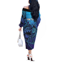 Personalised Polynesia Blue Marlin Fishing Off The Shoulder Long Sleeve Dress Marlin Anchor Tattoo Polynesian Pattern LT14 - Polynesian Pride
