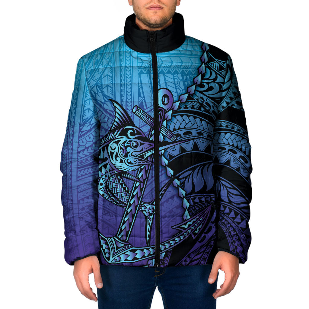 Personalised Polynesia Blue Marlin Fishing Padded Jacket Marlin Anchor Tattoo Polynesian Pattern
