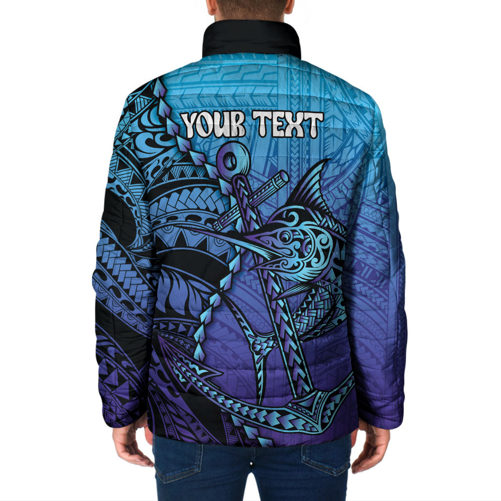 Personalised Polynesia Blue Marlin Fishing Padded Jacket Marlin Anchor Tattoo Polynesian Pattern