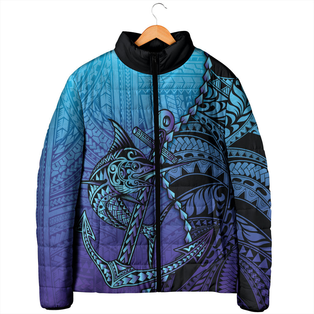 Personalised Polynesia Blue Marlin Fishing Padded Jacket Marlin Anchor Tattoo Polynesian Pattern