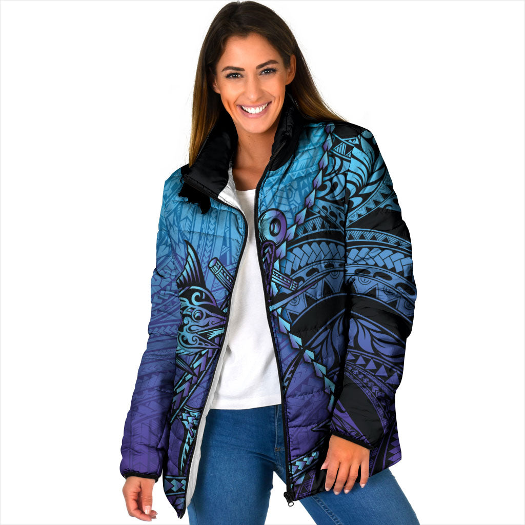 Personalised Polynesia Blue Marlin Fishing Padded Jacket Marlin Anchor Tattoo Polynesian Pattern
