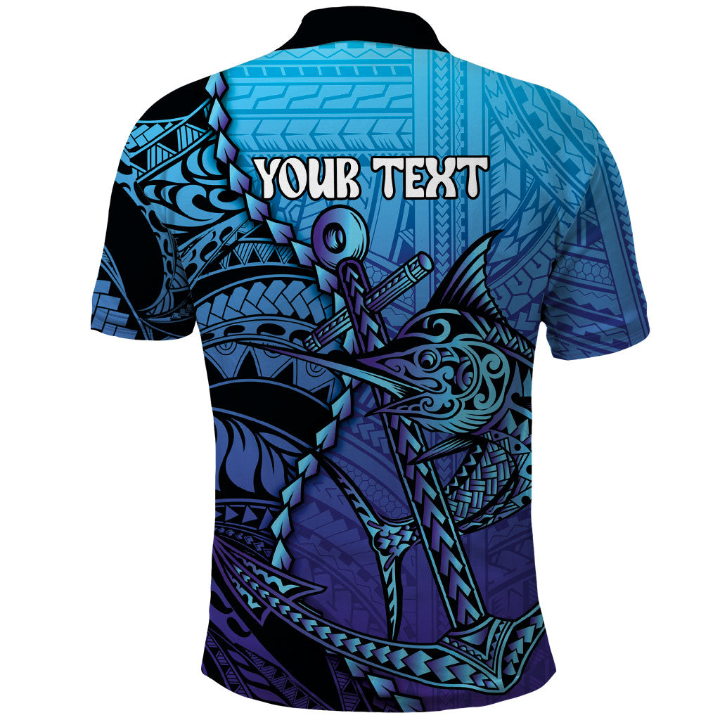Personalised Polynesia Blue Marlin Fishing Polo Shirt Marlin Anchor Tattoo Polynesian Pattern