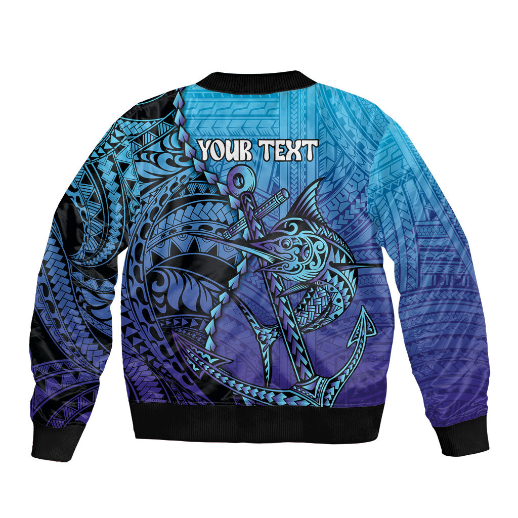 Personalised Polynesia Blue Marlin Fishing Sleeve Zip Bomber Jacket Marlin Anchor Tattoo Polynesian Pattern LT14 - Polynesian Pride