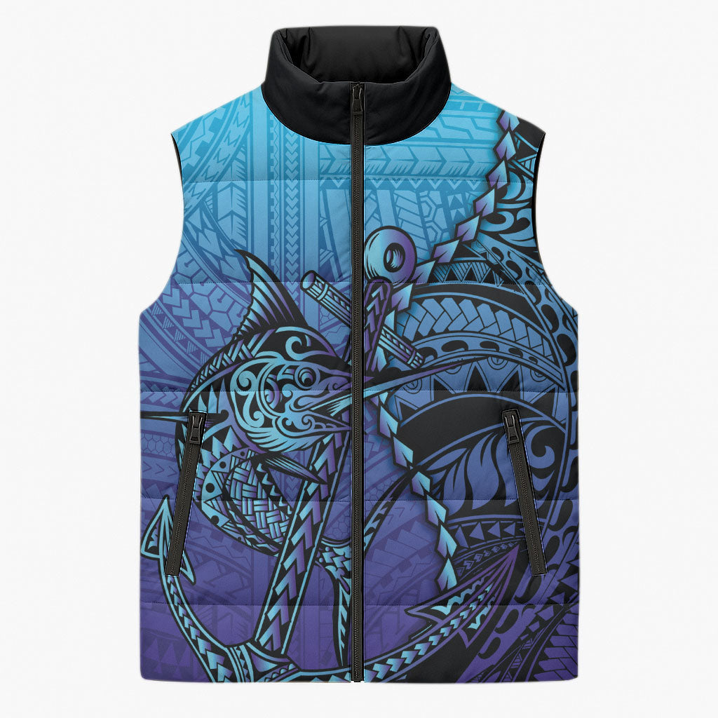 Personalised Polynesia Blue Marlin Fishing Sleeveless Puffer Jacket Marlin Anchor Tattoo Polynesian Pattern