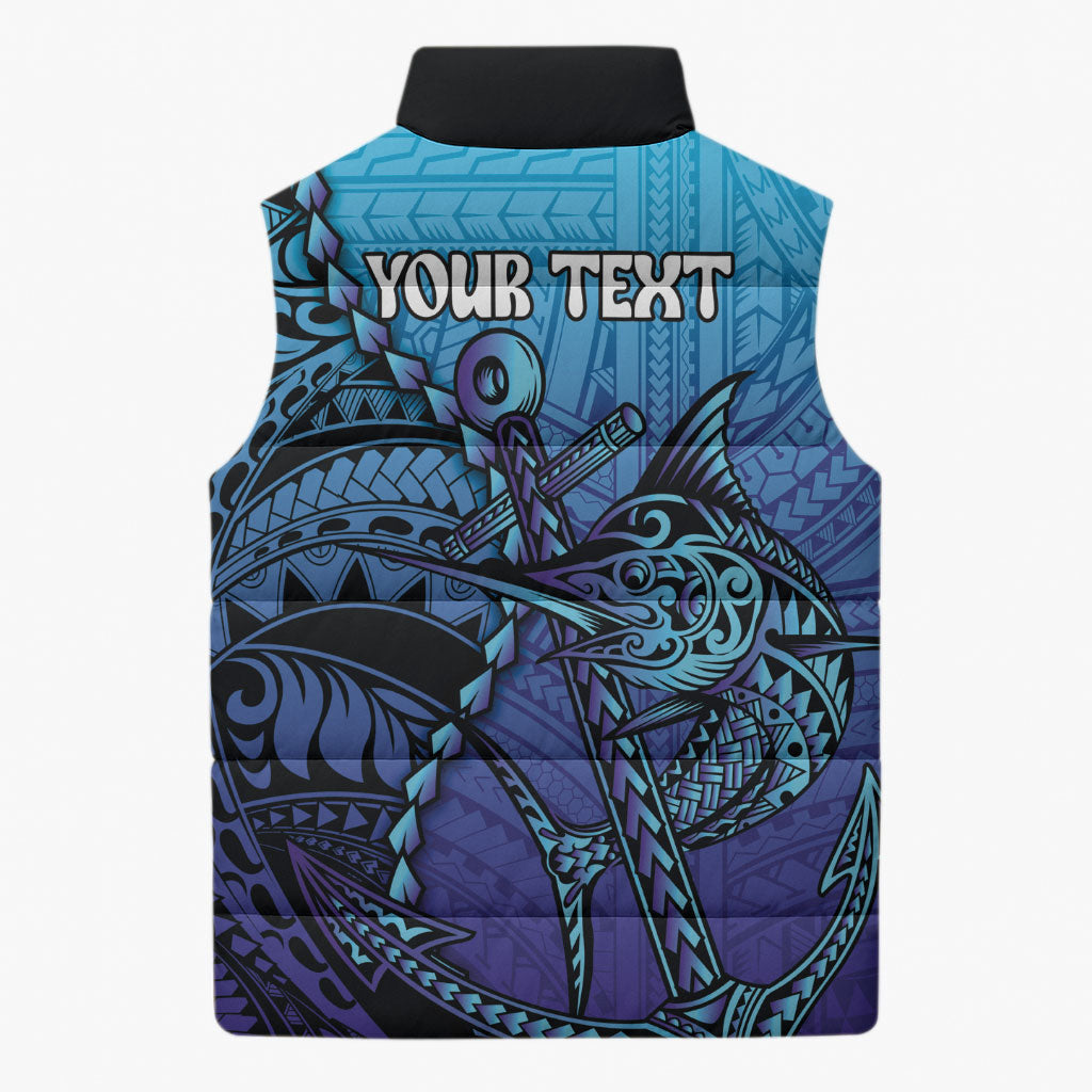 Personalised Polynesia Blue Marlin Fishing Sleeveless Puffer Jacket Marlin Anchor Tattoo Polynesian Pattern