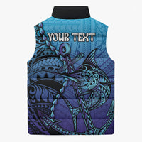 Personalised Polynesia Blue Marlin Fishing Sleeveless Puffer Jacket Marlin Anchor Tattoo Polynesian Pattern