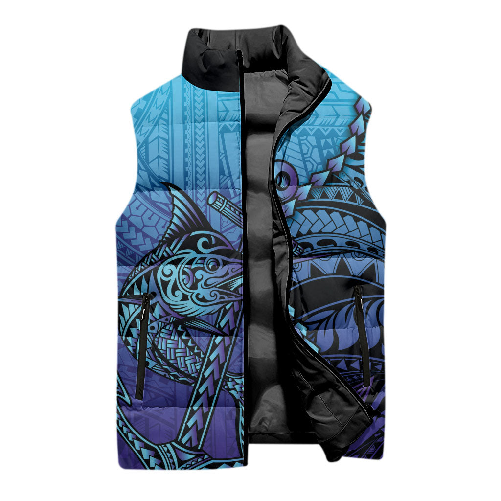 Personalised Polynesia Blue Marlin Fishing Sleeveless Puffer Jacket Marlin Anchor Tattoo Polynesian Pattern