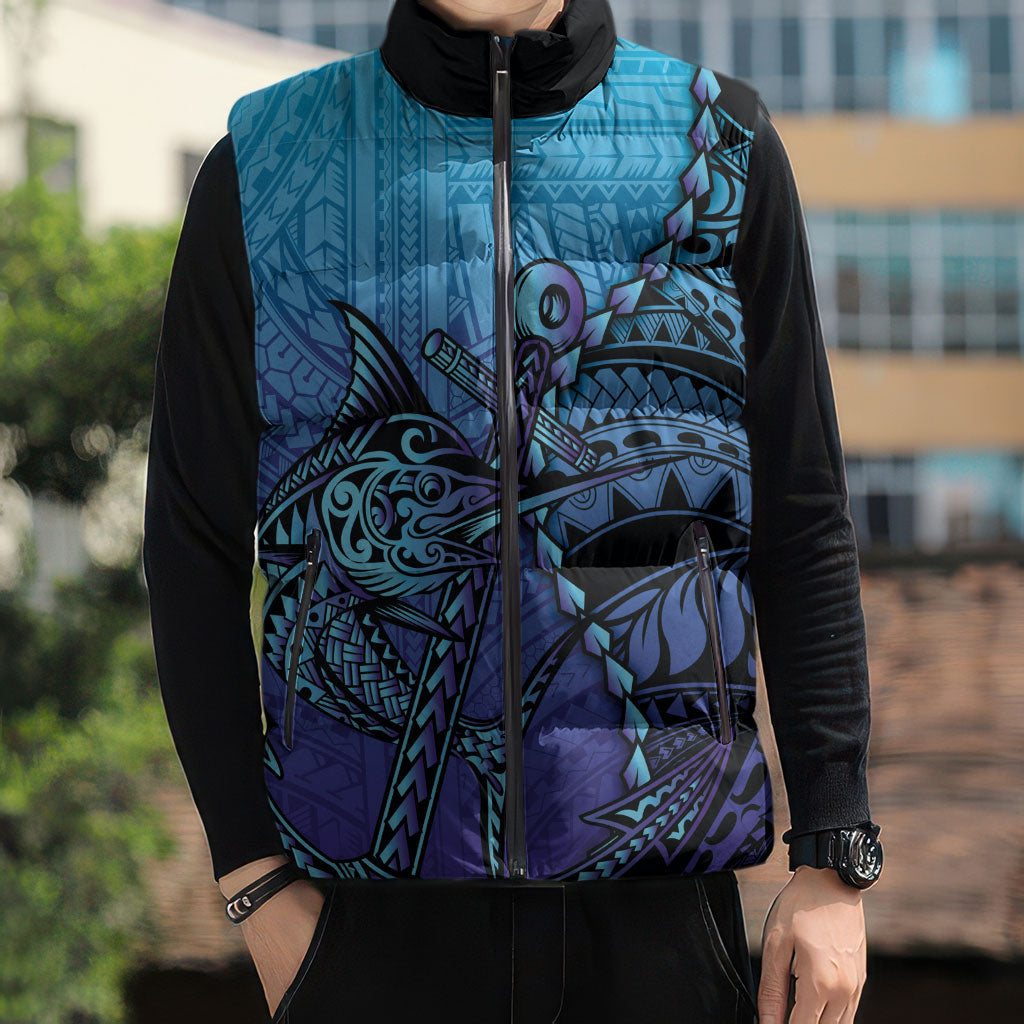 Personalised Polynesia Blue Marlin Fishing Sleeveless Puffer Jacket Marlin Anchor Tattoo Polynesian Pattern