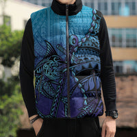 Personalised Polynesia Blue Marlin Fishing Sleeveless Puffer Jacket Marlin Anchor Tattoo Polynesian Pattern