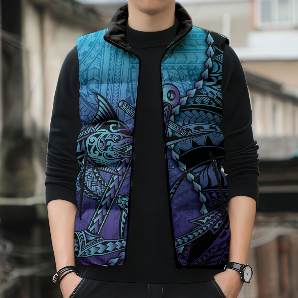Personalised Polynesia Blue Marlin Fishing Sleeveless Puffer Jacket Marlin Anchor Tattoo Polynesian Pattern