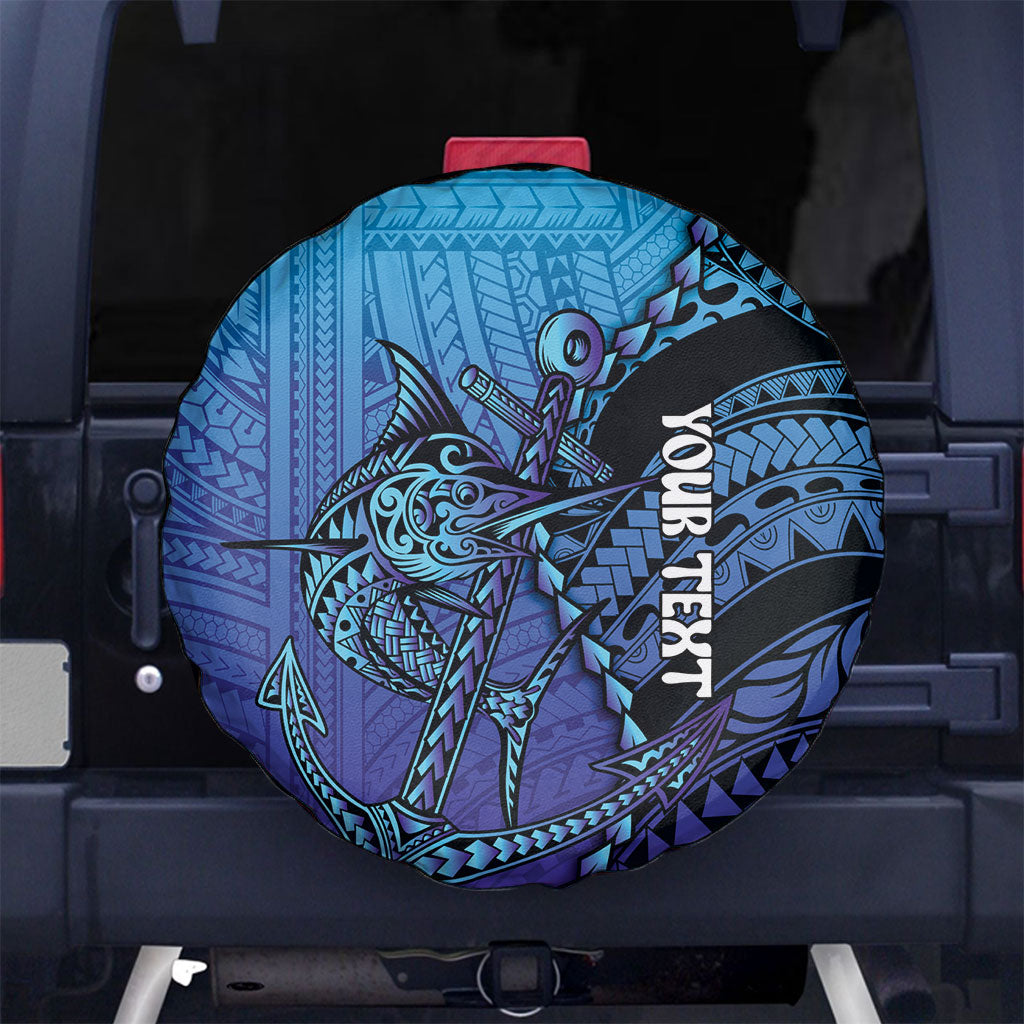 Personalised Polynesia Blue Marlin Fishing Spare Tire Cover Marlin Anchor Tattoo Polynesian Pattern