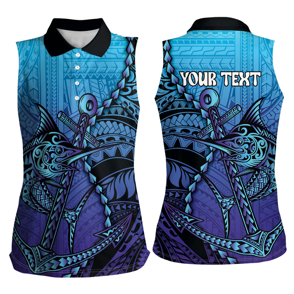 Personalised Polynesia Blue Marlin Fishing Women Sleeveless Polo Shirt Marlin Anchor Tattoo Polynesian Pattern