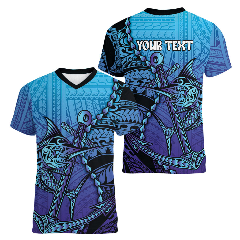 Personalised Polynesia Blue Marlin Fishing Women V-Neck T-Shirt Marlin Anchor Tattoo Polynesian Pattern