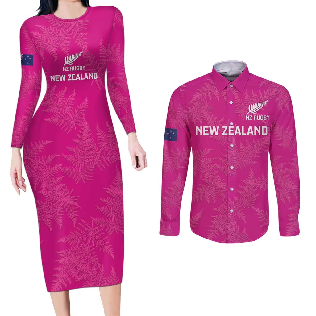 Custom New Zealand Silver Fern Rugby Couples Matching Long Sleeve Bodycon Dress and Long Sleeve Button Shirt Go Aotearoa - Pink Version