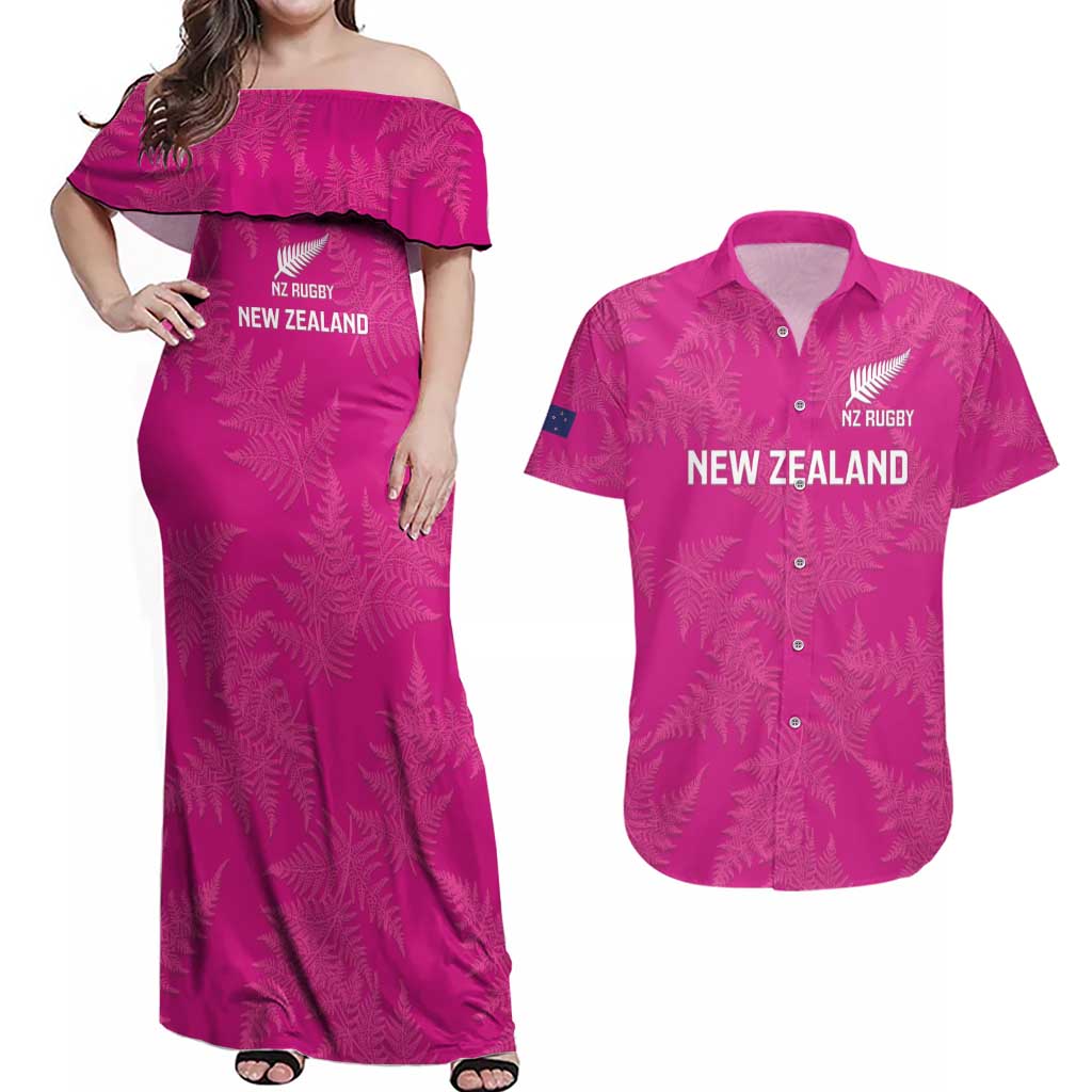 Custom New Zealand Silver Fern Rugby Couples Matching Off Shoulder Maxi Dress and Hawaiian Shirt Go Aotearoa - Pink Version