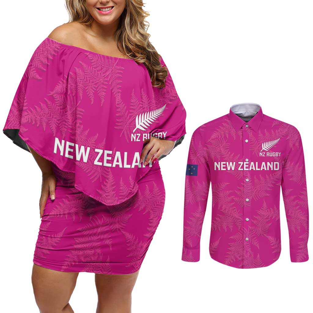 Custom New Zealand Silver Fern Rugby Couples Matching Off Shoulder Short Dress and Long Sleeve Button Shirt Go Aotearoa - Pink Version