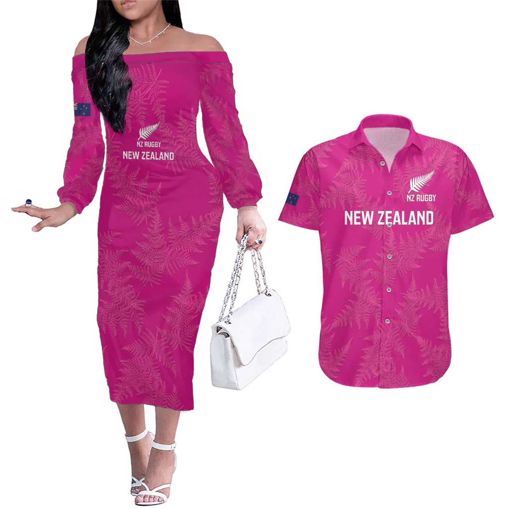 Custom New Zealand Silver Fern Rugby Couples Matching Off The Shoulder Long Sleeve Dress and Hawaiian Shirt Go Aotearoa - Pink Version
