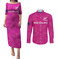 Custom New Zealand Silver Fern Rugby Couples Matching Puletasi and Long Sleeve Button Shirt Go Aotearoa - Pink Version