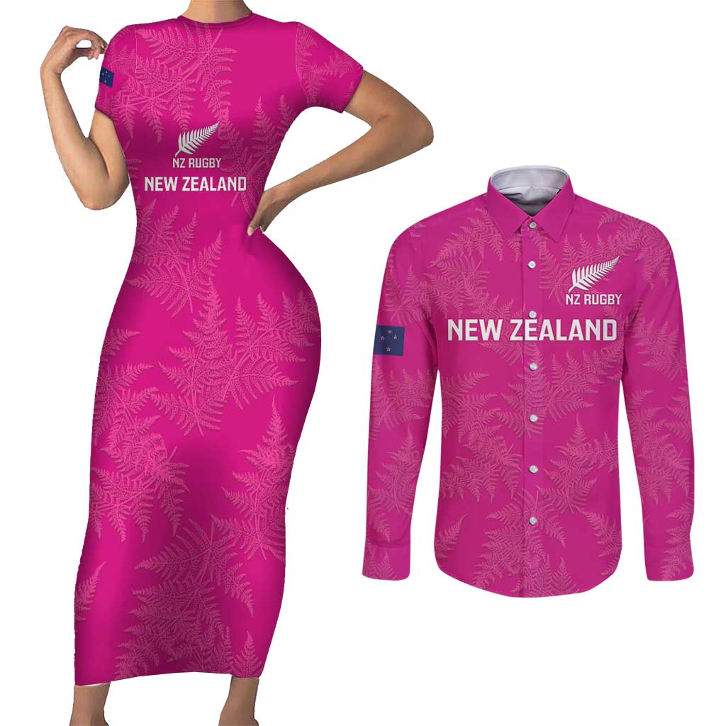 Custom New Zealand Silver Fern Rugby Couples Matching Short Sleeve Bodycon Dress and Long Sleeve Button Shirt Go Aotearoa - Pink Version