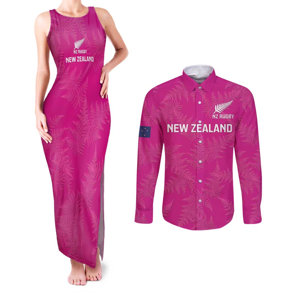 Custom New Zealand Silver Fern Rugby Couples Matching Tank Maxi Dress and Long Sleeve Button Shirt Go Aotearoa - Pink Version