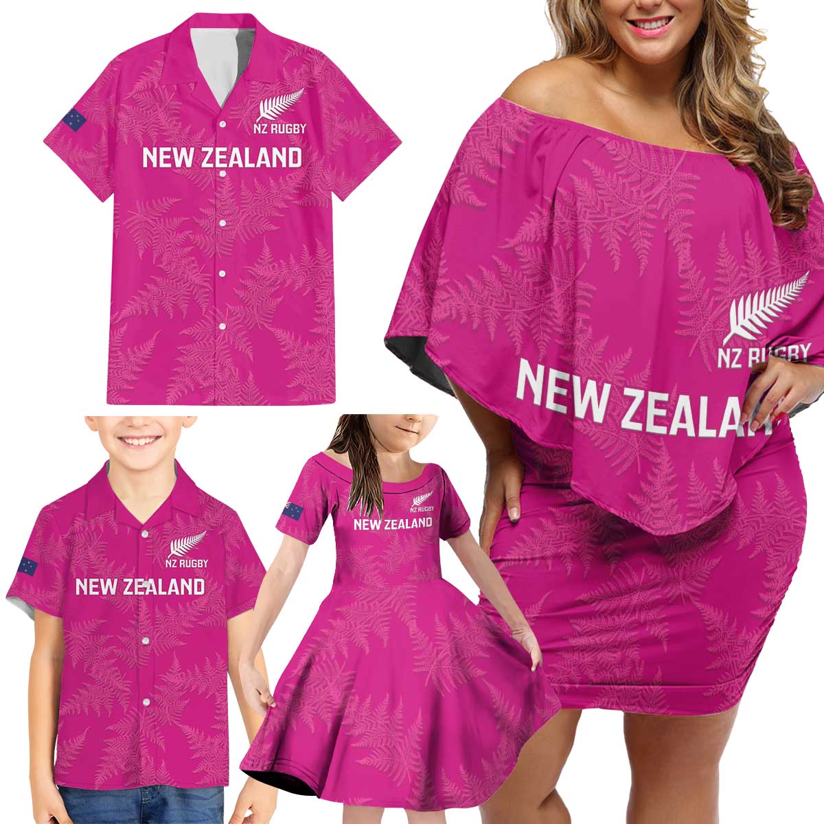 Custom New Zealand Silver Fern Rugby Family Matching Off Shoulder Short Dress and Hawaiian Shirt Go Aotearoa - Pink Version LT14 - Polynesian Pride