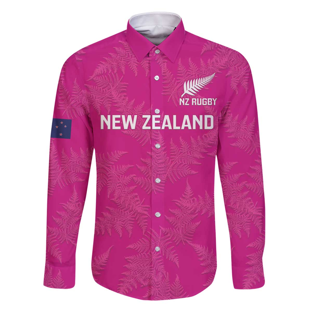 Custom New Zealand Silver Fern Rugby Family Matching Off Shoulder Short Dress and Hawaiian Shirt Go Aotearoa - Pink Version LT14 Dad's Shirt - Long Sleeve Pink - Polynesian Pride