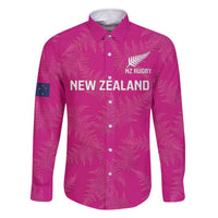 Custom New Zealand Silver Fern Rugby Family Matching Off Shoulder Short Dress and Hawaiian Shirt Go Aotearoa - Pink Version LT14 Dad's Shirt - Long Sleeve Pink - Polynesian Pride