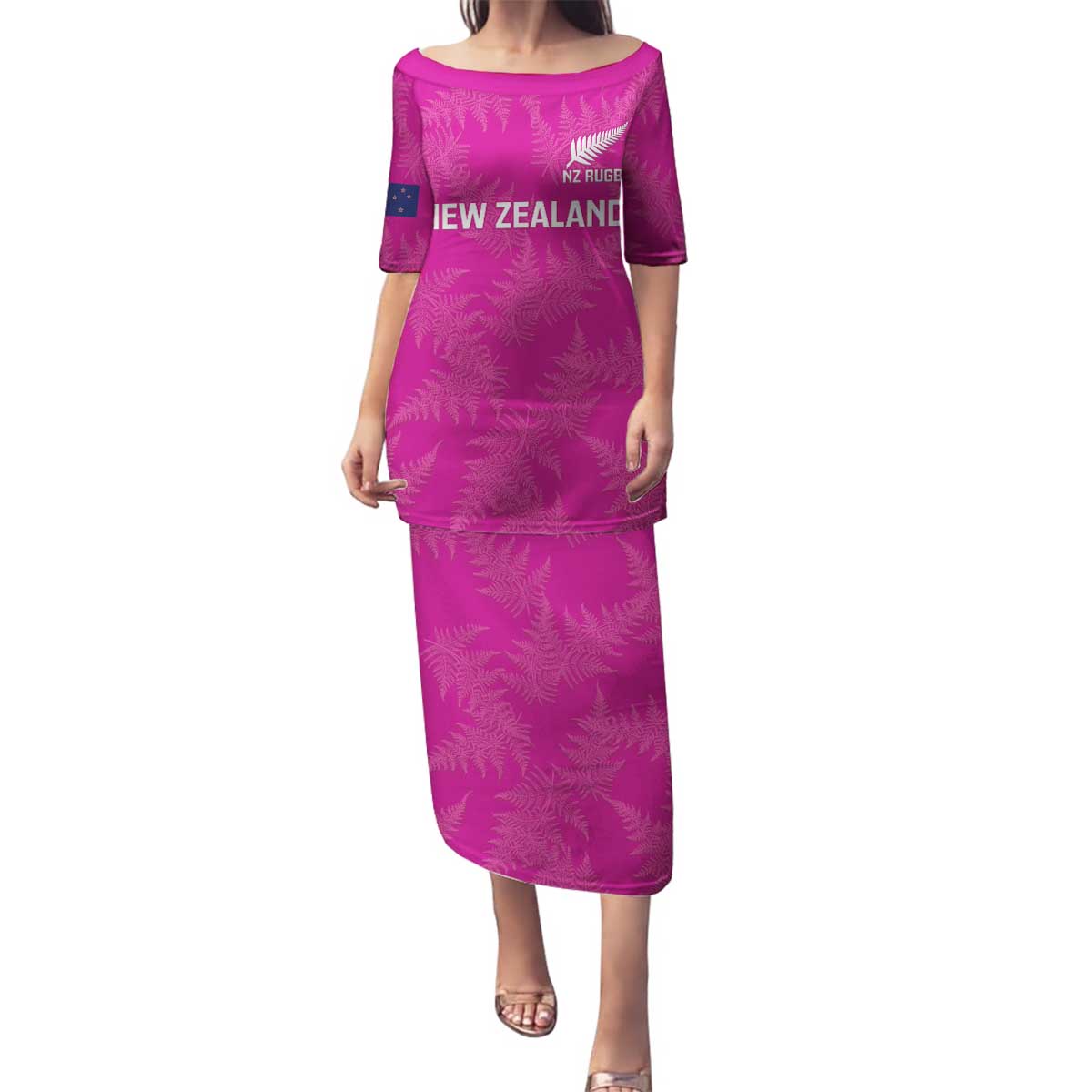 Custom New Zealand Silver Fern Rugby Family Matching Puletasi and Hawaiian Shirt Go Aotearoa - Pink Version LT14 Mom's Dress Pink - Polynesian Pride