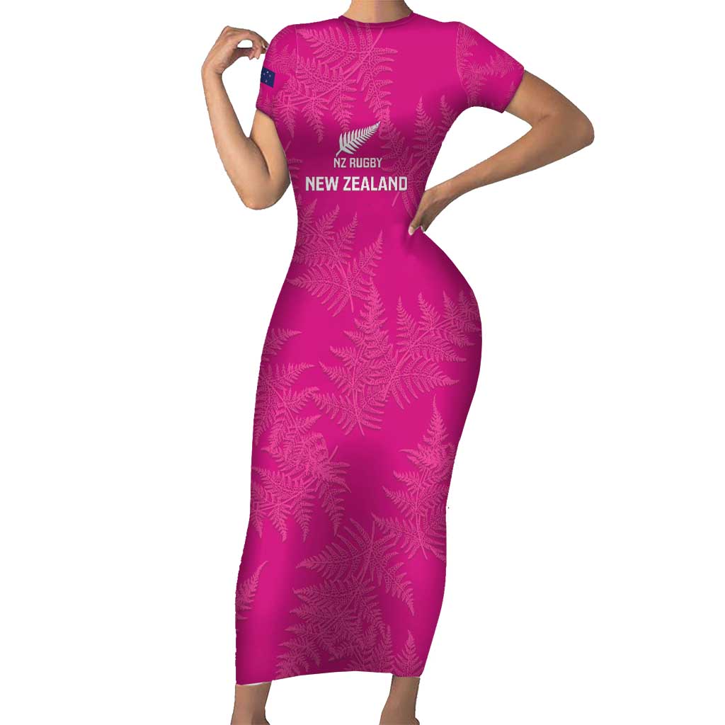 Custom New Zealand Silver Fern Rugby Family Matching Short Sleeve Bodycon Dress and Hawaiian Shirt Go Aotearoa - Pink Version LT14 Mom's Dress Pink - Polynesian Pride