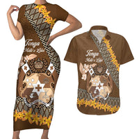 Personalised Tonga Language Week Couples Matching Short Sleeve Bodycon Dress and Hawaiian Shirt Malo e Lelei Tongan Ngatu Pattern - Brown