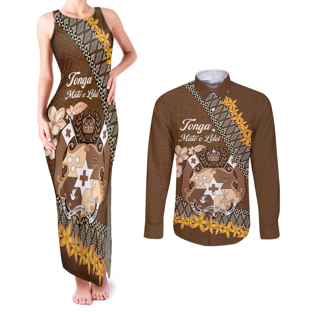 Personalised Tonga Language Week Couples Matching Tank Maxi Dress and Long Sleeve Button Shirt Malo e Lelei Tongan Ngatu Pattern - Brown LT14 Brown - Polynesian Pride