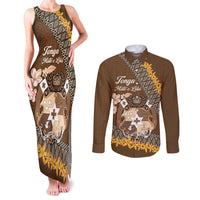 Personalised Tonga Language Week Couples Matching Tank Maxi Dress and Long Sleeve Button Shirt Malo e Lelei Tongan Ngatu Pattern - Brown LT14 Brown - Polynesian Pride