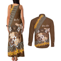Personalised Tonga Language Week Couples Matching Tank Maxi Dress and Long Sleeve Button Shirt Malo e Lelei Tongan Ngatu Pattern - Brown LT14 - Polynesian Pride