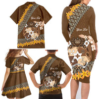 Personalised Tonga Language Week Family Matching Long Sleeve Bodycon Dress and Hawaiian Shirt Malo e Lelei Tongan Ngatu Pattern - Brown