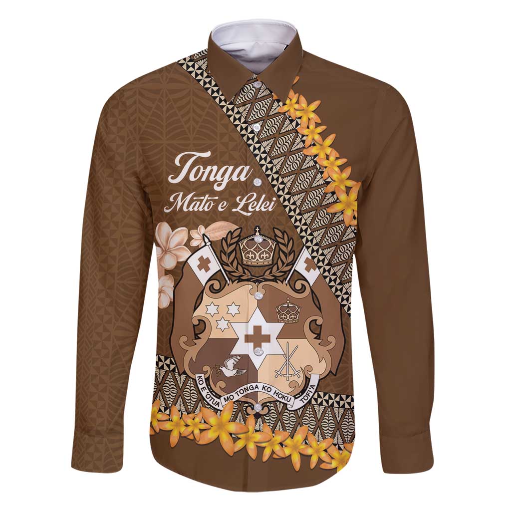 Personalised Tonga Language Week Family Matching Long Sleeve Bodycon Dress and Hawaiian Shirt Malo e Lelei Tongan Ngatu Pattern - Brown