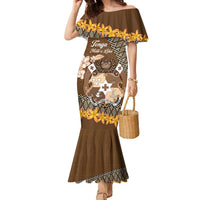 Personalised Tonga Language Week Family Matching Mermaid Dress and Hawaiian Shirt Malo e Lelei Tongan Ngatu Pattern - Brown