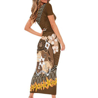 Personalised Tonga Language Week Family Matching Short Sleeve Bodycon Dress and Hawaiian Shirt Malo e Lelei Tongan Ngatu Pattern - Brown