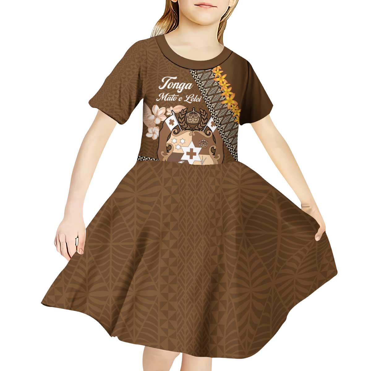 Personalised Tonga Language Week Kid Short Sleeve Dress Malo e Lelei Tongan Ngatu Pattern - Brown