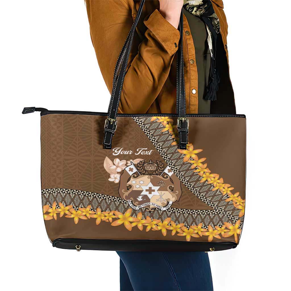 Personalised Tonga Language Week Leather Tote Bag Malo e Lelei Tongan Ngatu Pattern - Brown