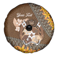 Personalised Tonga Language Week Spare Tire Cover Malo e Lelei Tongan Ngatu Pattern - Brown