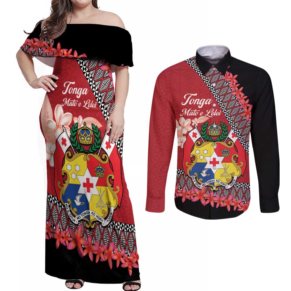 Personalised Tonga Language Week Couples Matching Off Shoulder Maxi Dress and Long Sleeve Button Shirt Malo e Lelei Tongan Ngatu Pattern - Red LT14 Red - Polynesian Pride
