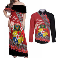 Personalised Tonga Language Week Couples Matching Off Shoulder Maxi Dress and Long Sleeve Button Shirt Malo e Lelei Tongan Ngatu Pattern - Red LT14 Red - Polynesian Pride